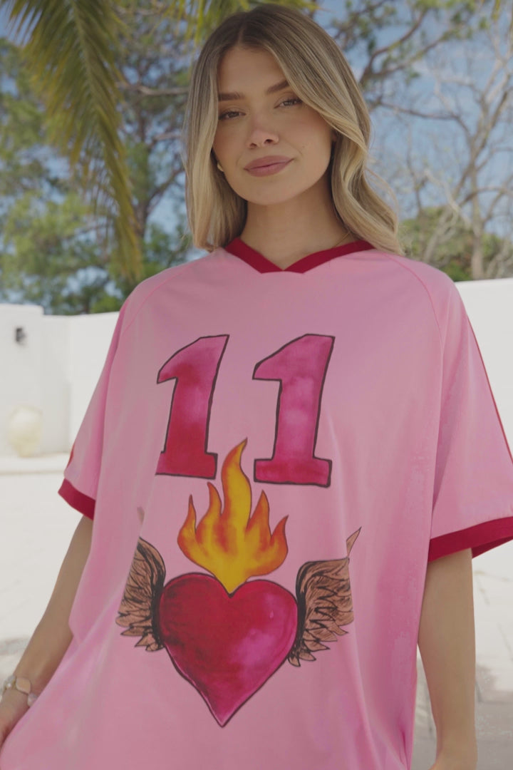 Pink 11 Tee - Graphic Print Short Sleeve T-Shirt with Racer Stripe Sleeves in Pink