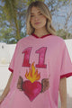 Pink 11 Tee - Graphic Print Short Sleeve T-Shirt with Racer Stripe Sleeves in Pink
