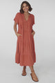 Peggy Midi Dress - Relaxed Mandarin Collar Pleated Bust Tiered Linen Dress in Rust