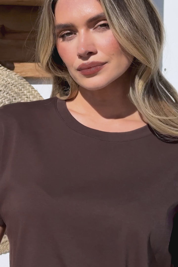 Tuck T-Shirt - Round Neckline Cotton Tee with Gathered Front Detail in Chocolate