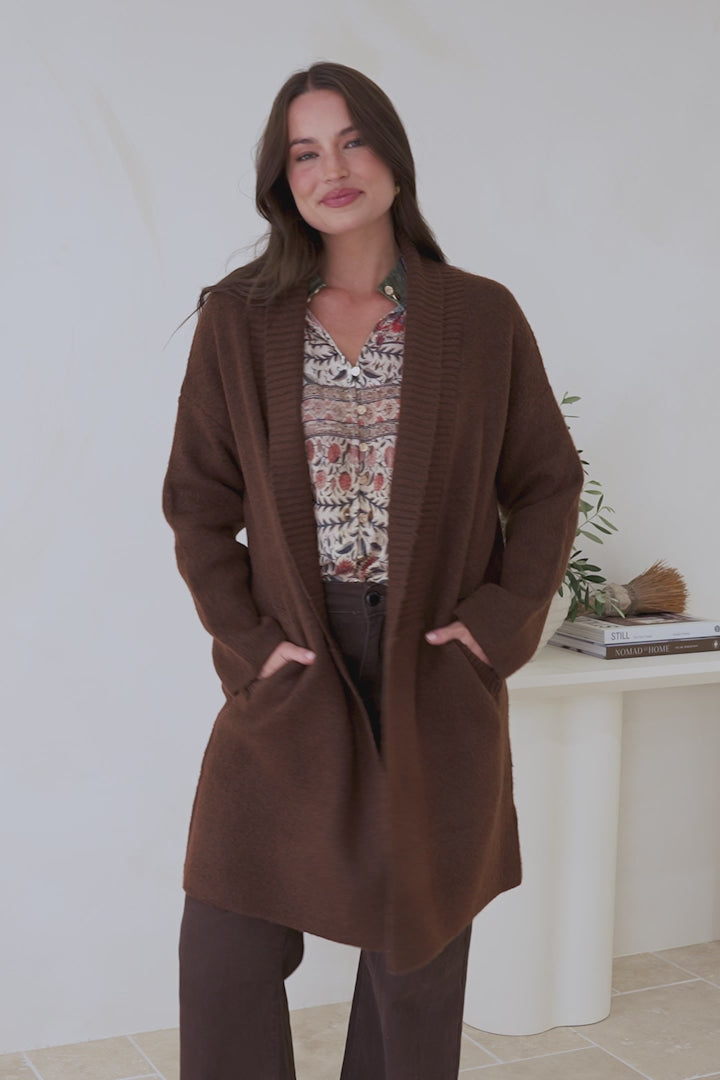 Oswin Cardigan - Open Front Ribbed Shawl Collar Knit with Pockets in Coffee