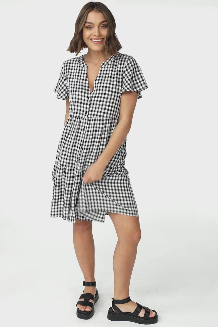 Greta Mini Dress - Manadrin Collar Button Down Dress in Gingham Print Black