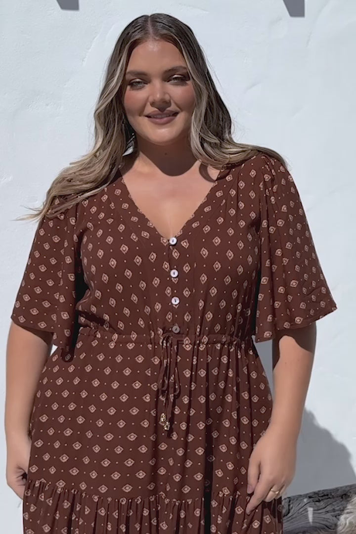Tassia Maxi Dress - Buttoned Bodice Pull Tie Waist Dress in Kendy Print