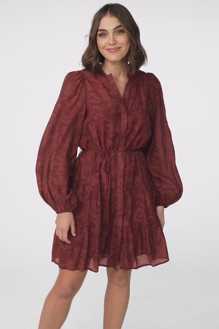 Danny Mini Dress - Mandarin Collar Buttoned Down Dress in Carrol Burgandy