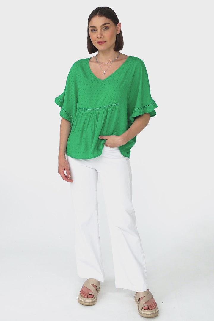 Delphy Top - V Neck Textured Pull Over Top with Wide Frill Sleeves in Green