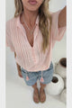 Havana Blouse - Pintuck Button Down Top with Flutter Sleeves and Neck Tie in Pink