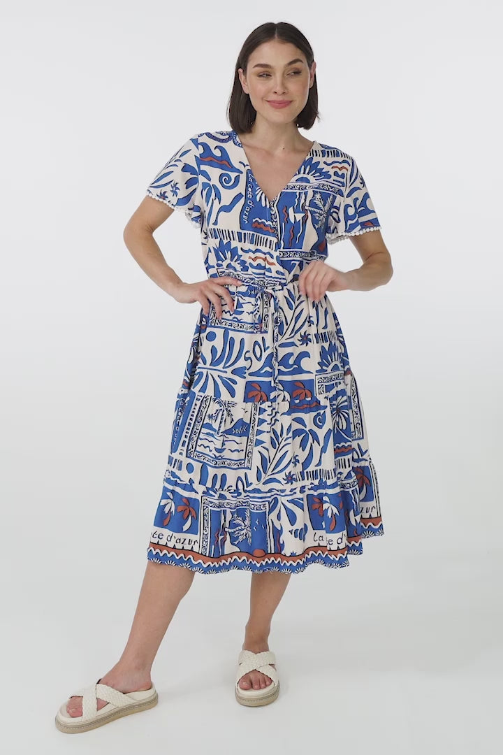 Carina Midi Dress - Cross Bodice A Line Dress with Pull Tie Waist in Gadu Print