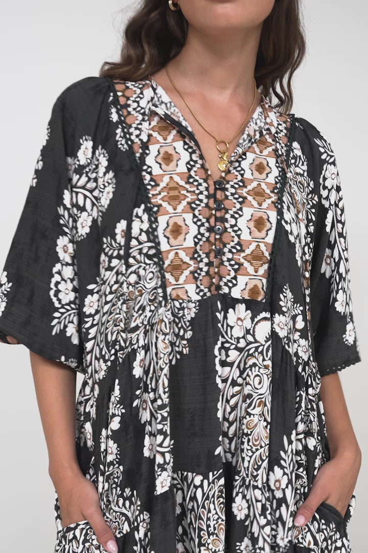 Kamali Midi Dress - Batwing Sleeve Smock Dress with Lace Detailing in Divani Print Black