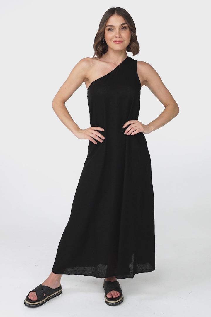 Polly Maxi Dress - One Shoulder Sun Dress in Black