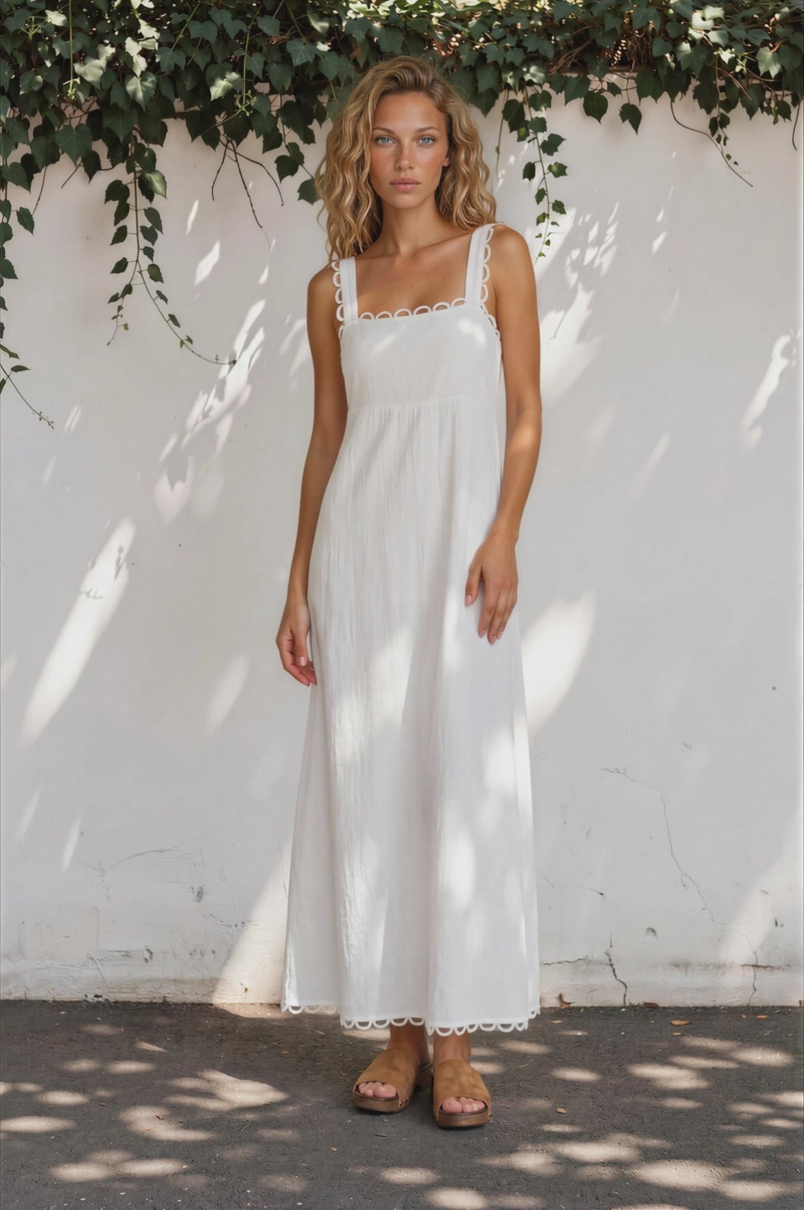 Darla Maxi Dress - Scallop Trim Thick Strap Cotton Sun Dress in White
