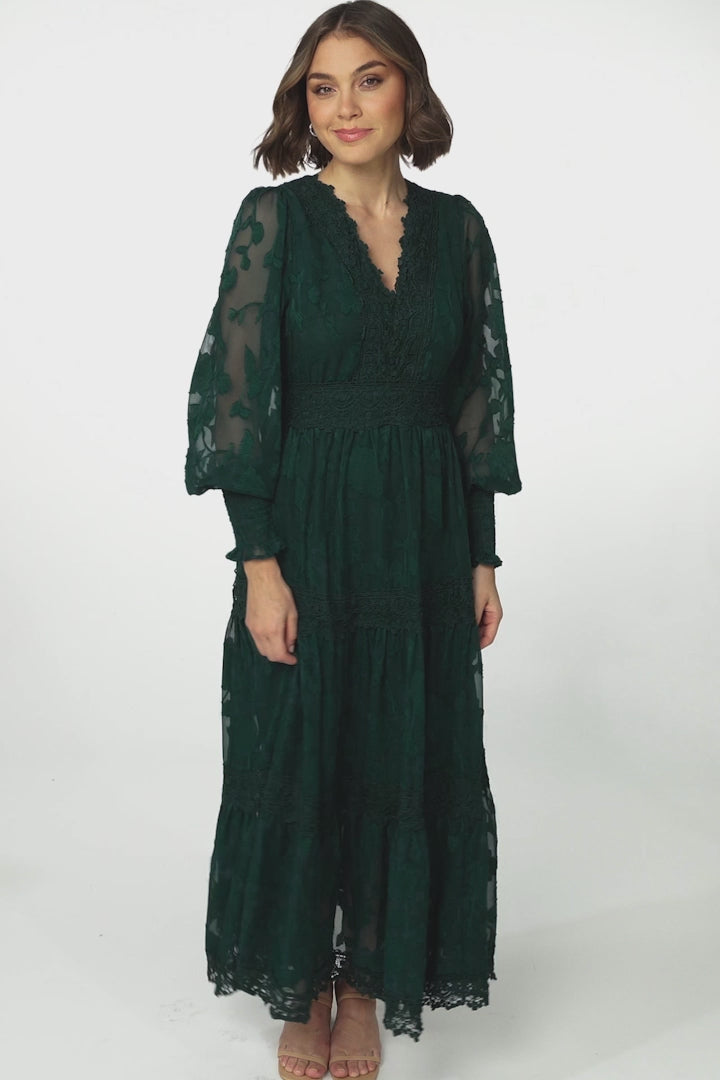 Rouge Maxi Dress - Lace Overlay Tiered Dress in Emerald