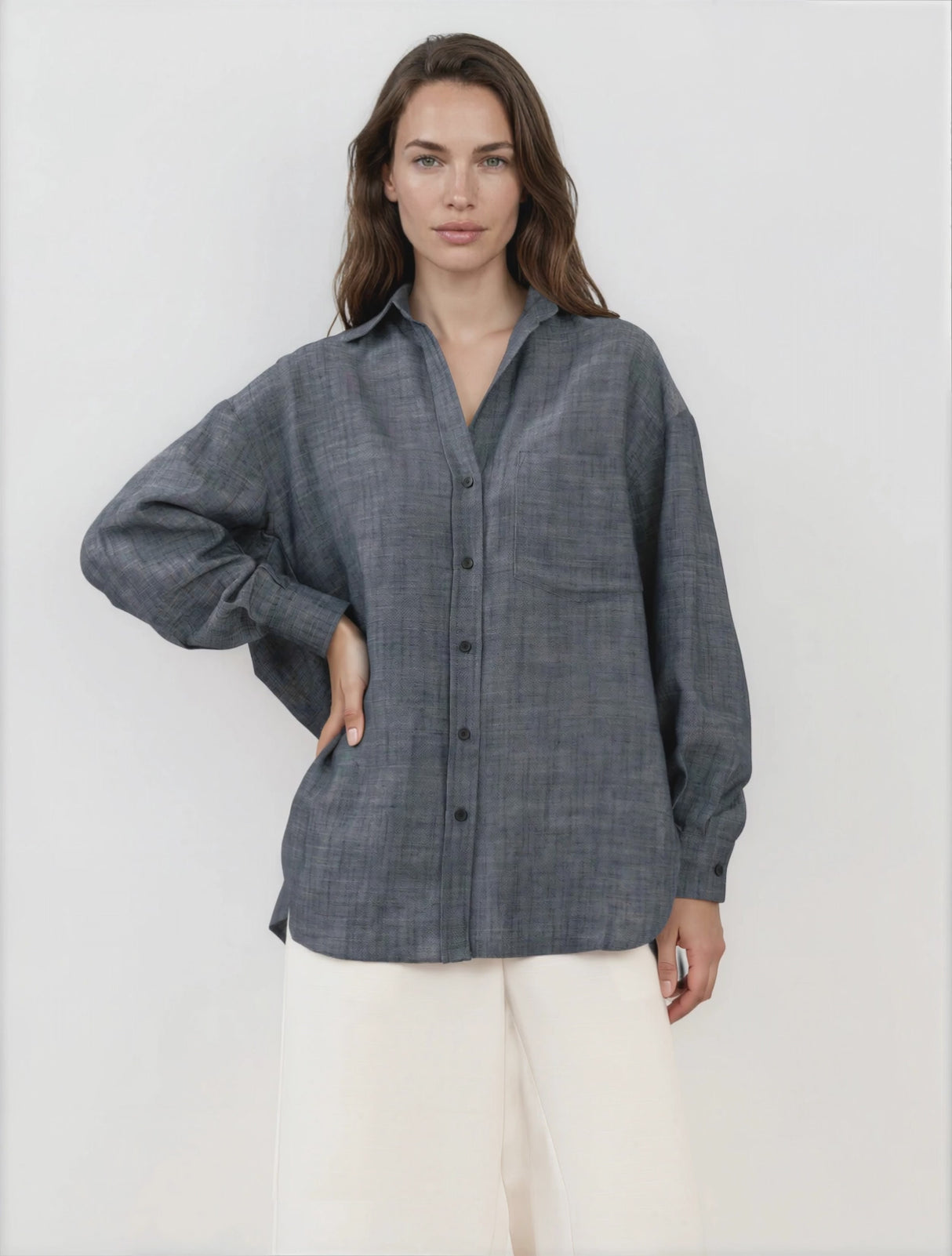 Doran Shirt - Oversized Buttoned Down Shirt with High Low Scoop Hemline in Indigo