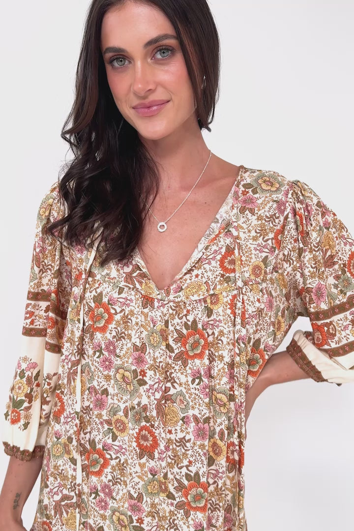 Helda Mini Dress - V-Neck Shift Dress with Balloon Sleeves in Aletta Print Brown