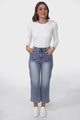 Jace 3/4 Jeans - High Waisted Flare Leg Jeans in Distressed Blue Denim