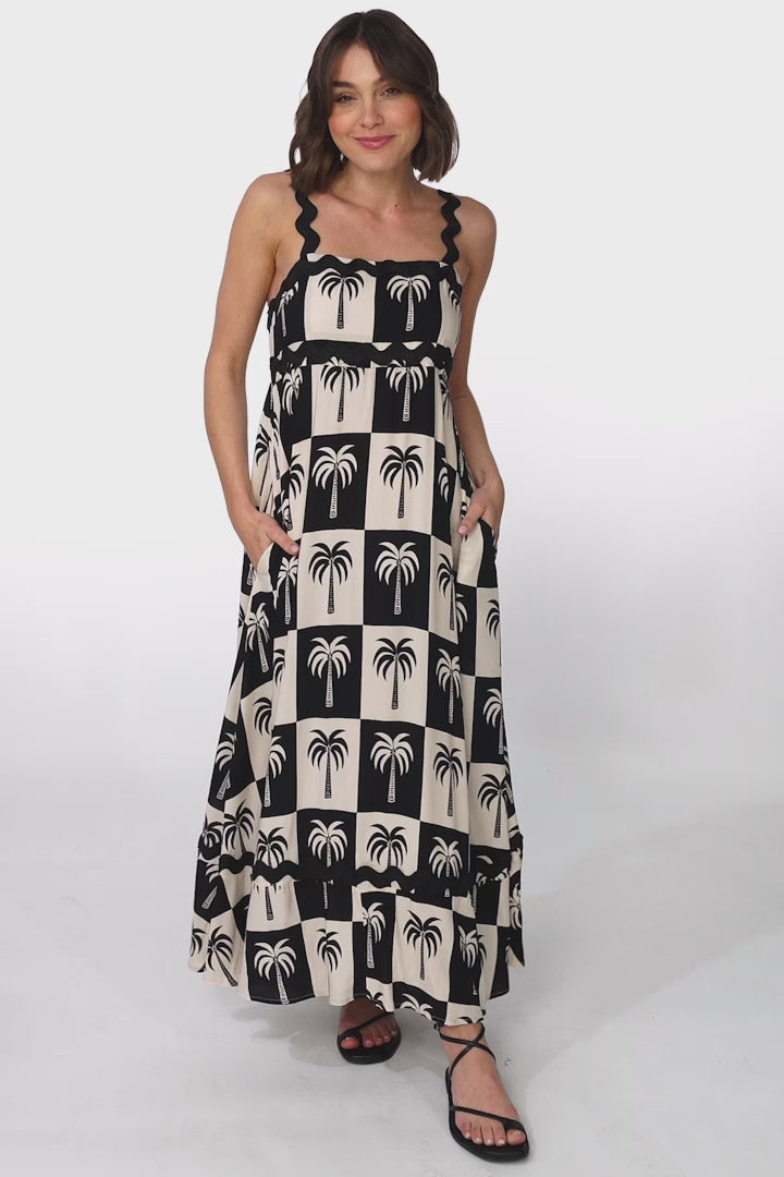 Bailie Maxi Dress - Rick Rack Detailed Sun Dress with Pockets Nohea Print in Black