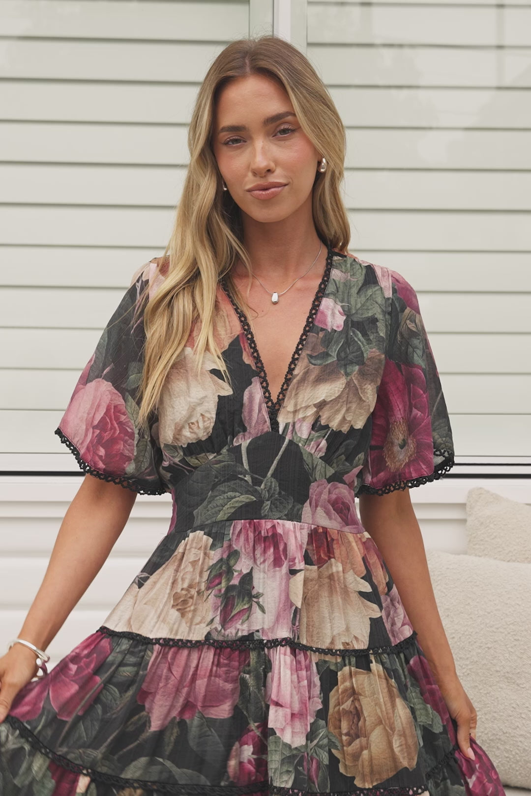 Marion Mini Dress - Lace Trim Tiered Dress with Flutter Sleeves in Annalisa Print