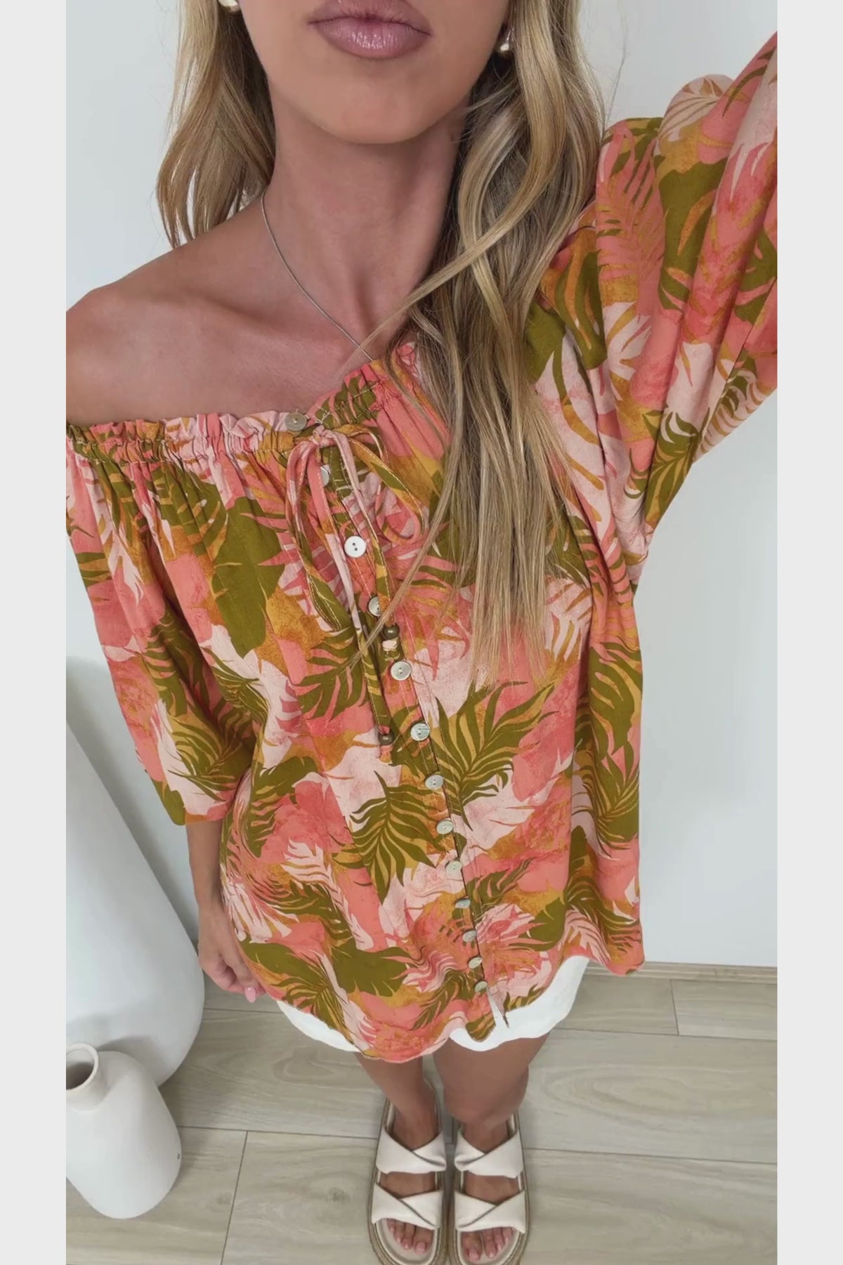 Journee Top - On or Off Shoulder Button Down in Tropica Print