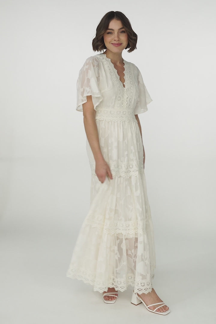 Madeline Maxi Dress - Lace Trim Embroidered A Line Dress in Cream