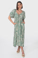 Nielly Midi Dress - V Neck Tie Bust A Line Dress with Balloon Sleeves in Havanna Print Green