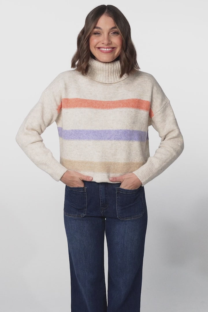 Rhea Jumper - Turtle Neck Stripe Pull Over Jumper with Multicoloured Stripes in Oat Marle