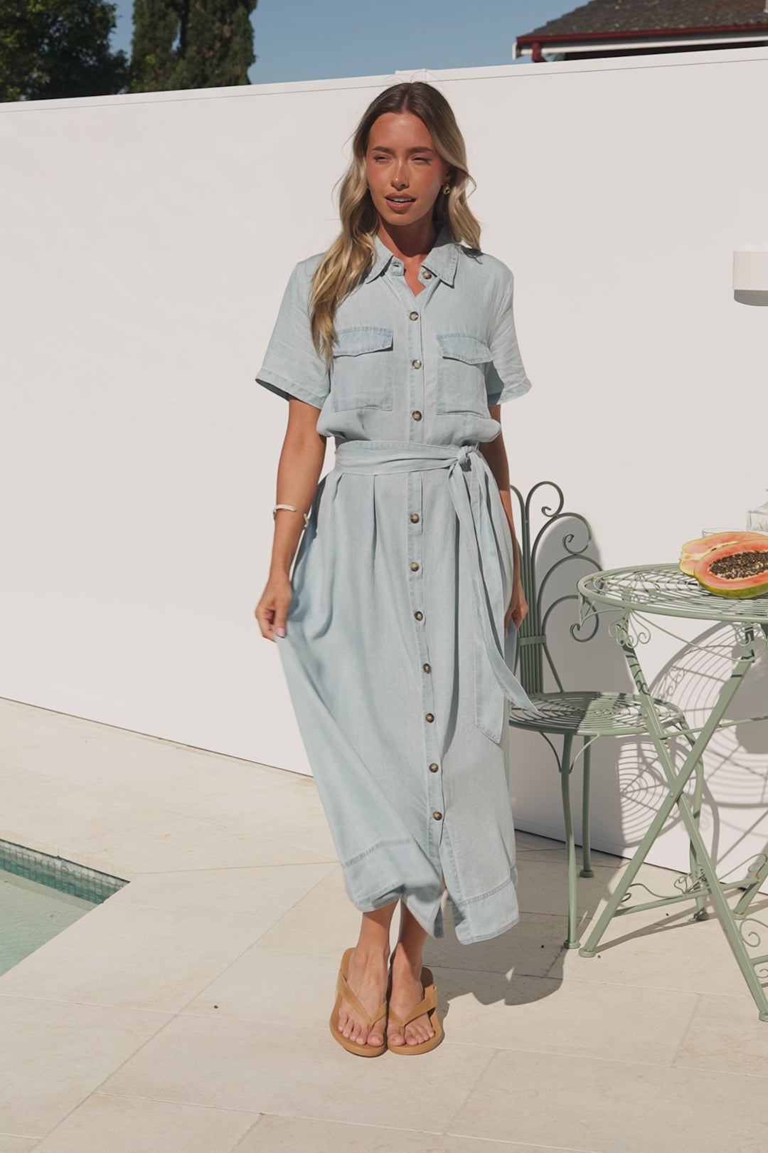 Myrtle Midi Dress - Collared Shirt Dress with Waist Tie in Light Denim Wash