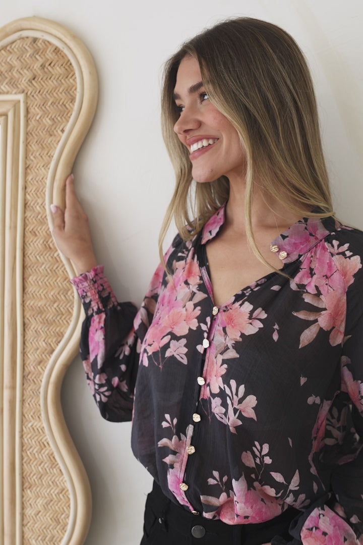 Adora Top - Mandarin Collar Button-Down with Long Balloon Sleeves in Odessa Print