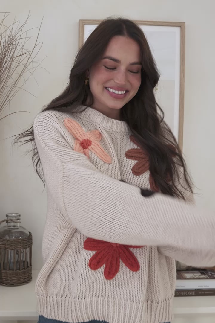 Wildflower Jumper - Chunky Knit Jumper with Flower Decals in Beige Multi