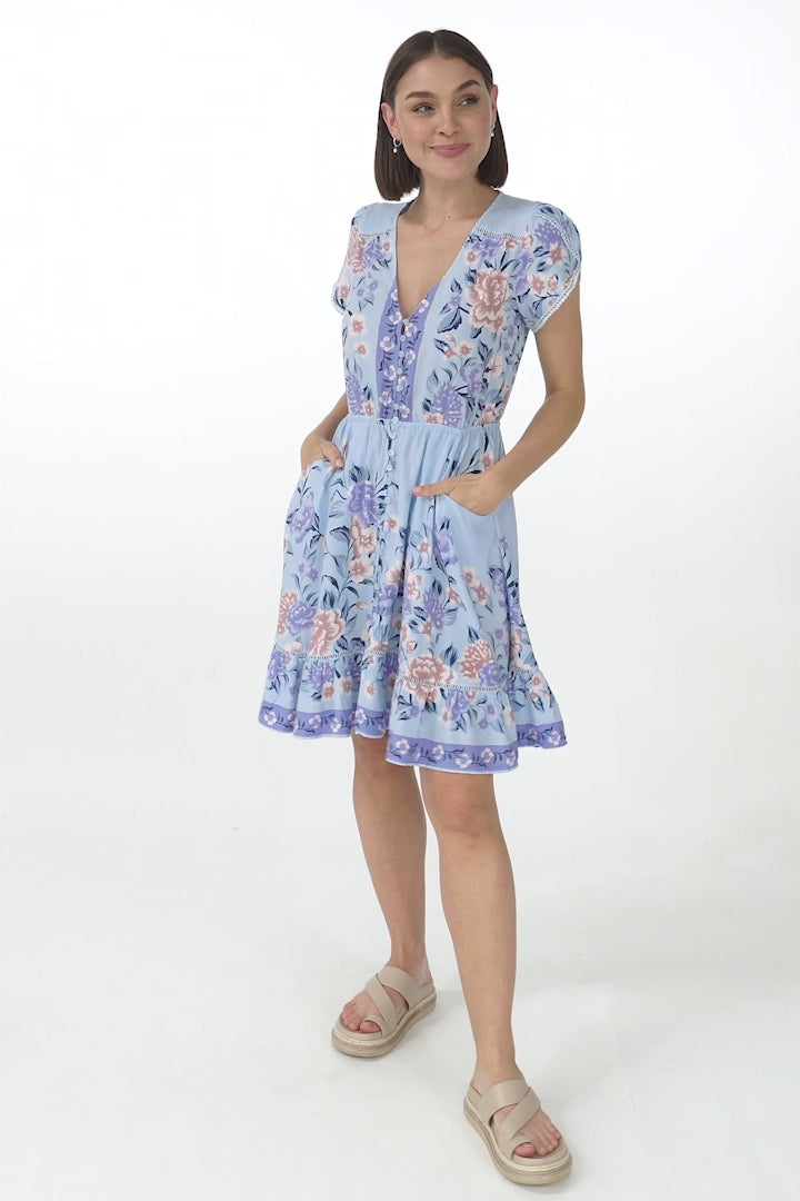 JAASE - Lizzie Mini Dress: Butterfly Cap Sleeve Button Down Dress with Pockets in Heaven Print