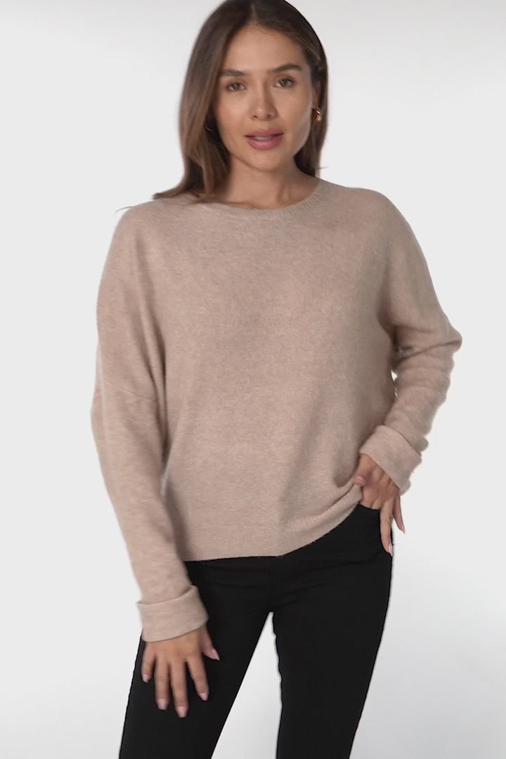 Joanne Knit Top - Crew Neckline Bat Wing Long Sleeve Top in Stone Brown