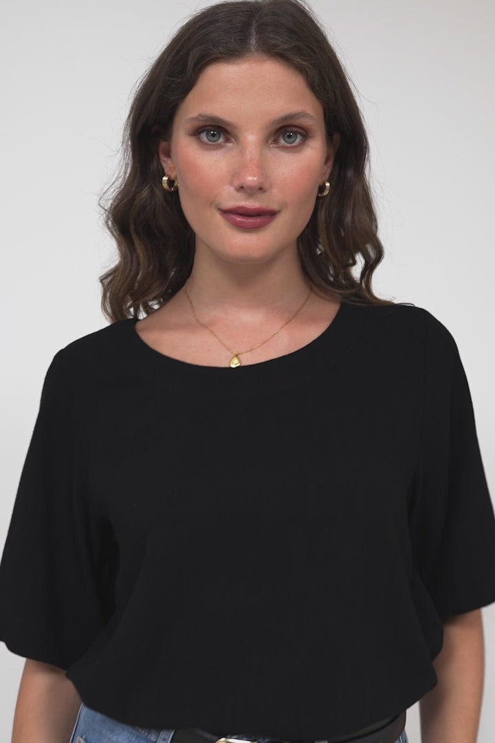 Tustin Top - Round Neck Boxy High Low Top with Short Sleeves in Black