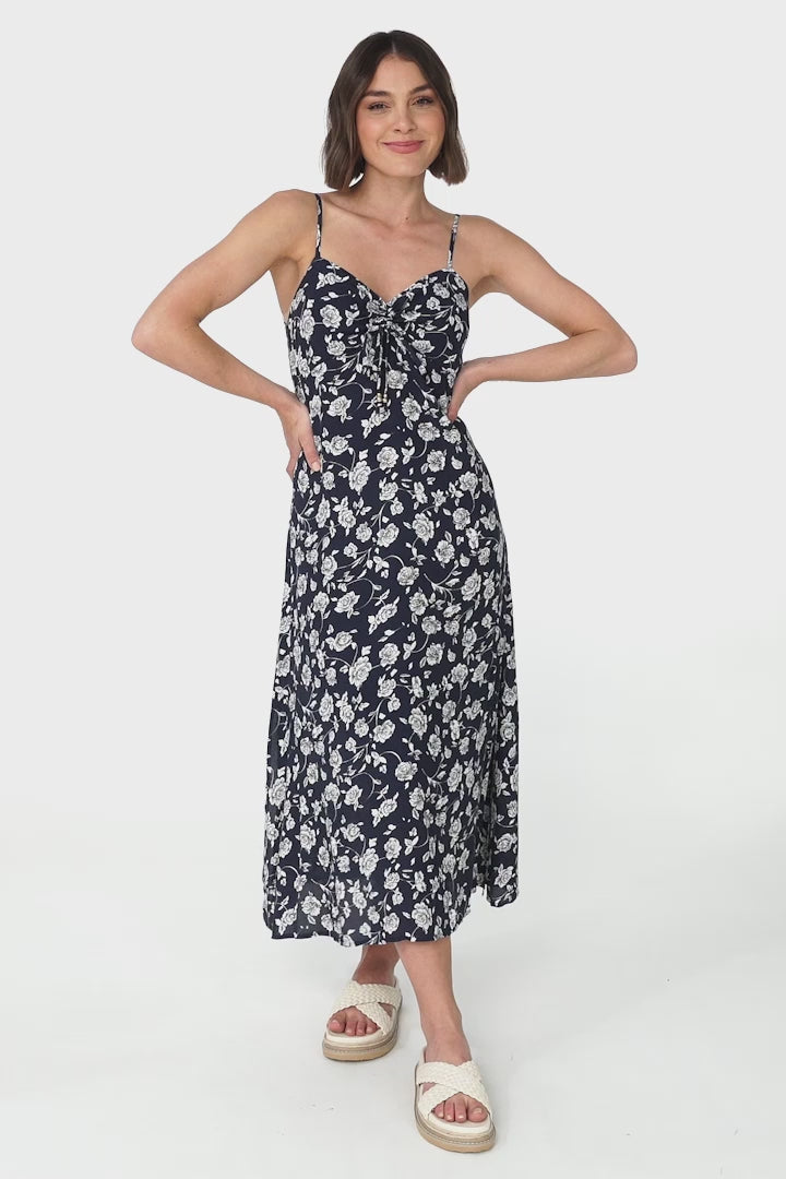 Serena Midi Dress - Pull Tie Bust Sweet Heart Neckline Sun Dress in Sabian Print Navy