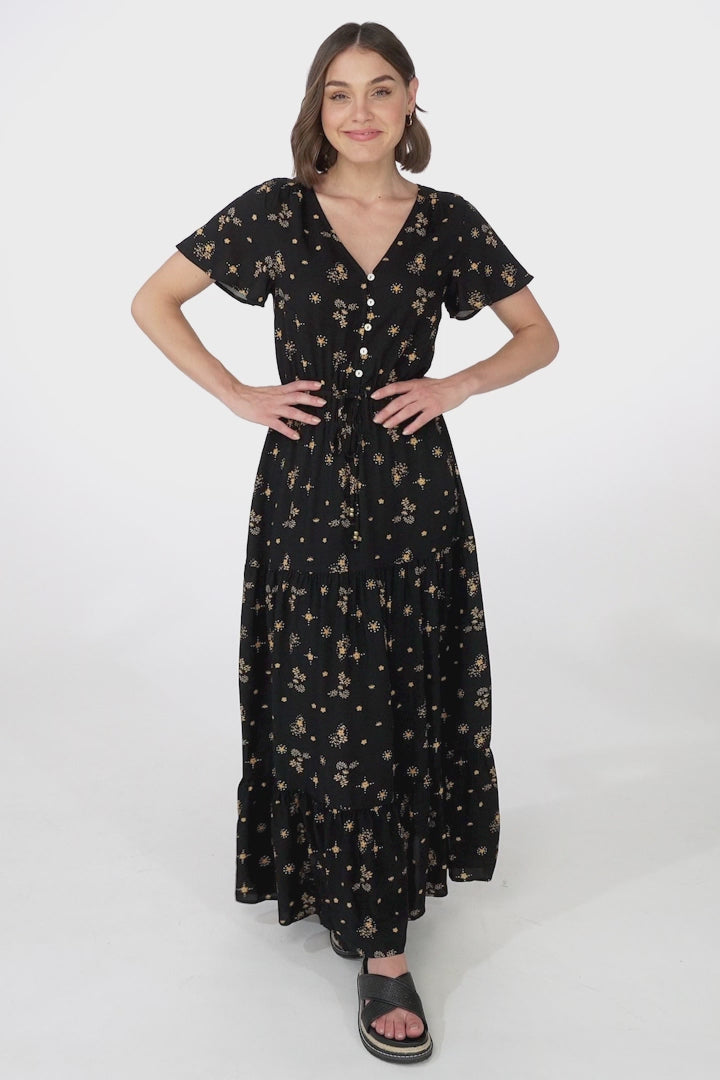 Hanna Maxi Dress - Cap Sleeve Tiered A Line Dress with Toggle Detailed Waist Tie in Melany Print Black