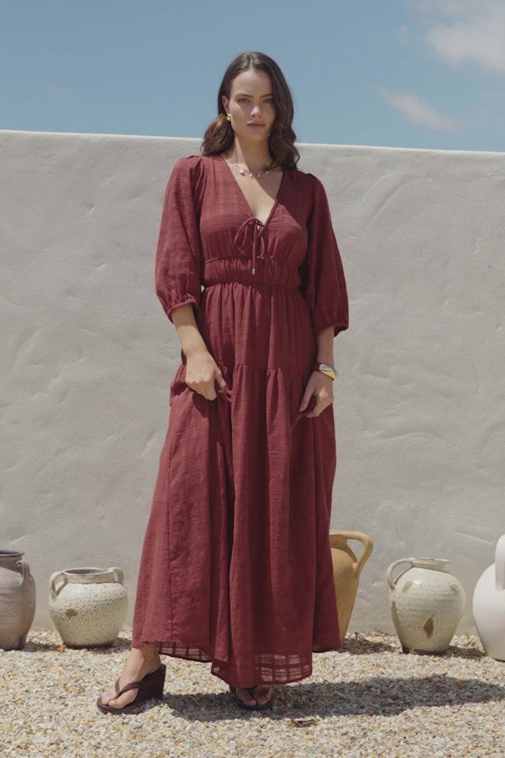 Elise Maxi Dress - Empire Waistline Dress with 3/4 Sleeves in Burgundy