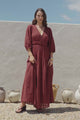 Elise Maxi Dress - Empire Waistline Dress with 3/4 Sleeves in Burgundy