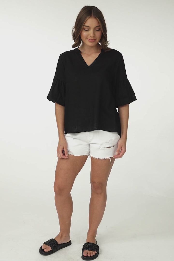 Melly Top - Cotton Blend V Neck Smock Top with Flute Sleeves in Black