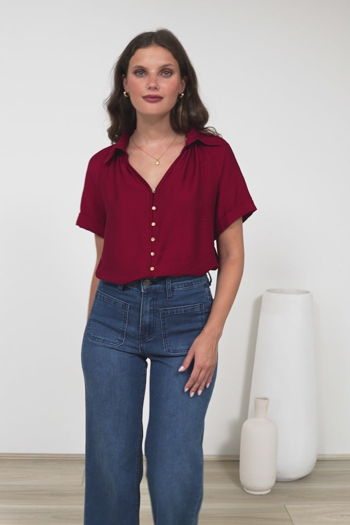 Madge Blouse - Collared Button Down with Short Sleeves in Wine
