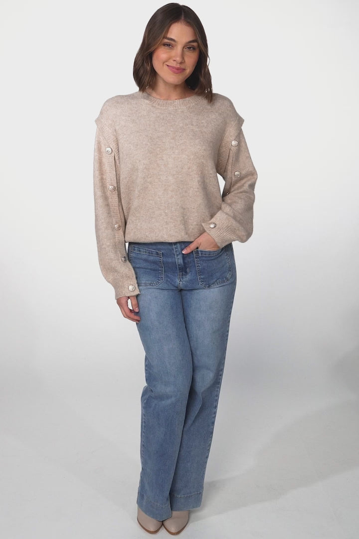 Meldon Jumper - Button Detailed Crew Neck Jumper in Taupe