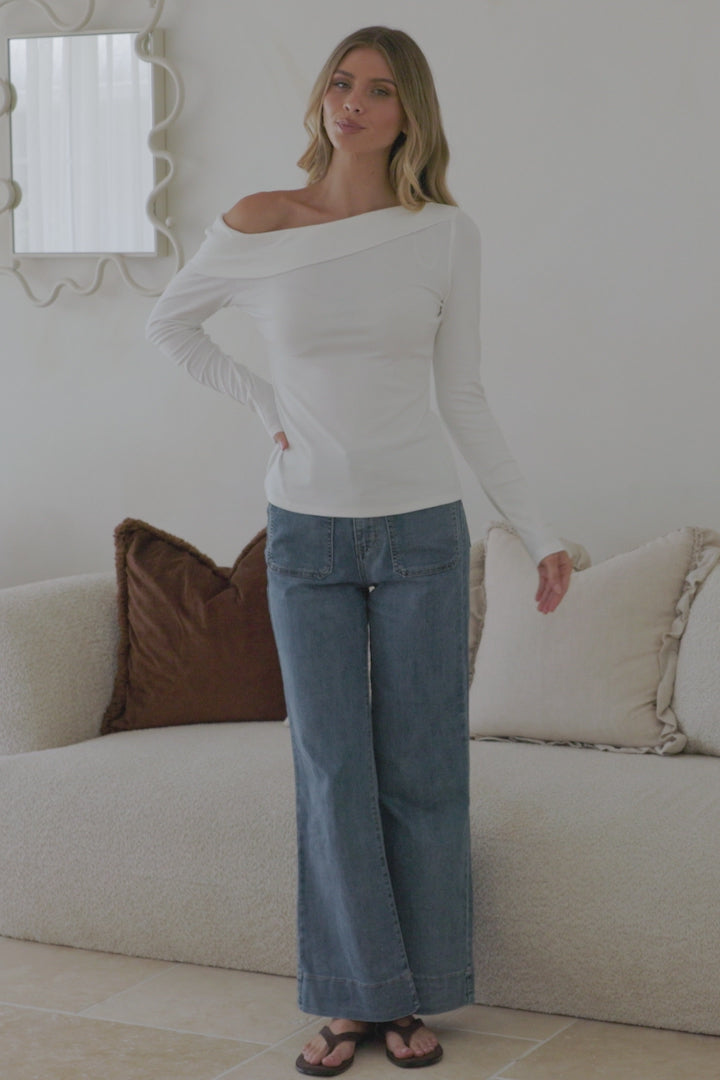 Lissa Top - Folded Asymmetric Neckline Long Sleeve Top in White