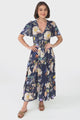 Adhira Maxi Dress - Buttoned Bodice A-Line Dress with Flute Sleeves in Elinda Print