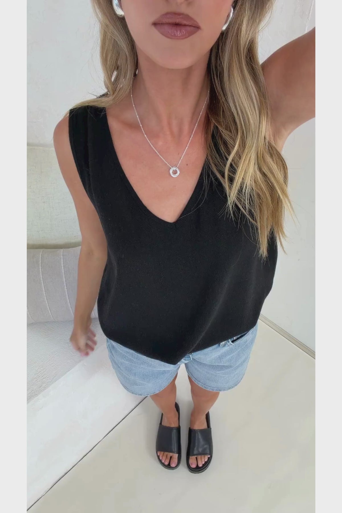 Arlete Top - V Neck Singlet with Lattice Detail Side Seams in Black