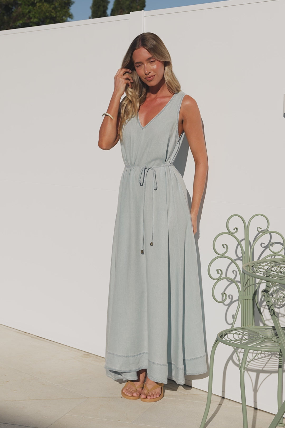 Nasrin Maxi Dress - V Neck Sleevess Dress with Waist Tie in Light Denim Wash
