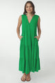 Fifi Linen Midi Dress - Mandarin Collar Sleeveless Button Down Dress in Green