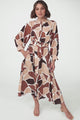 Baden Midi Dress - Mandarin Collar Button Down Dress in Abstract Chocco Print