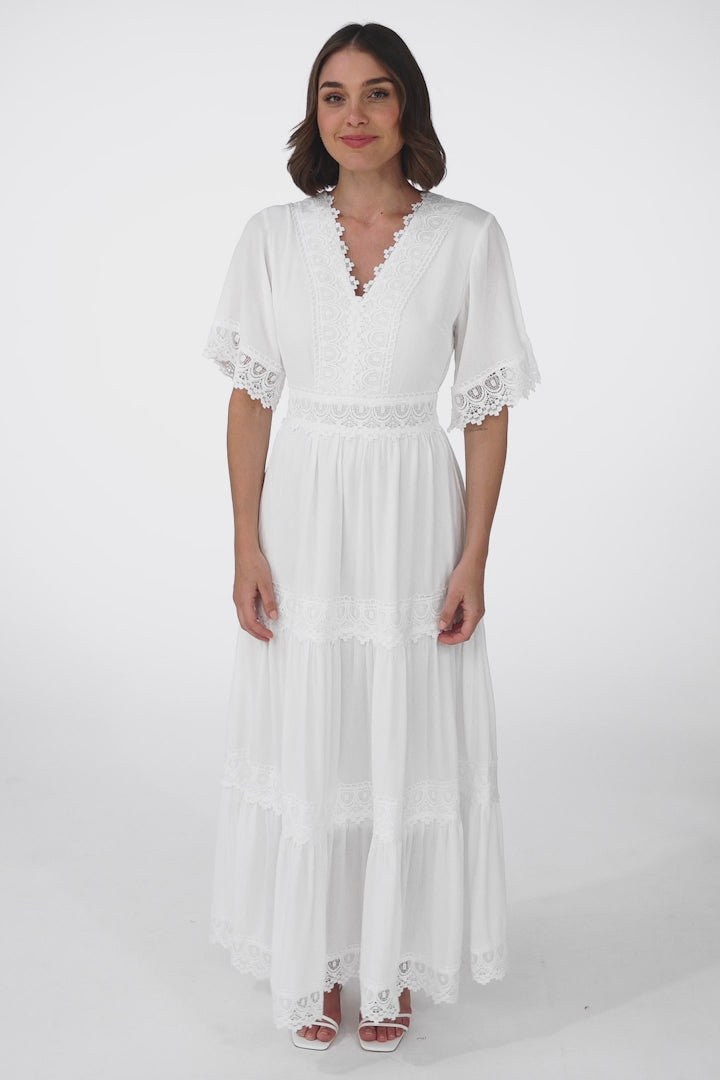 Peony Maxi Dress - Lace Detailed A Line Dress with Flute Sleeves in White