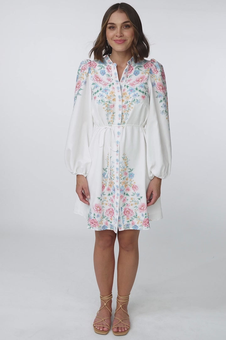 Danny Mini Dress - Mandarin Collar Buttoned Down Dress in Flora Print