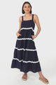 Fabie Midi Dress - Thick Strap Rick Rack Splicing Cotton Sun Dress in Navy