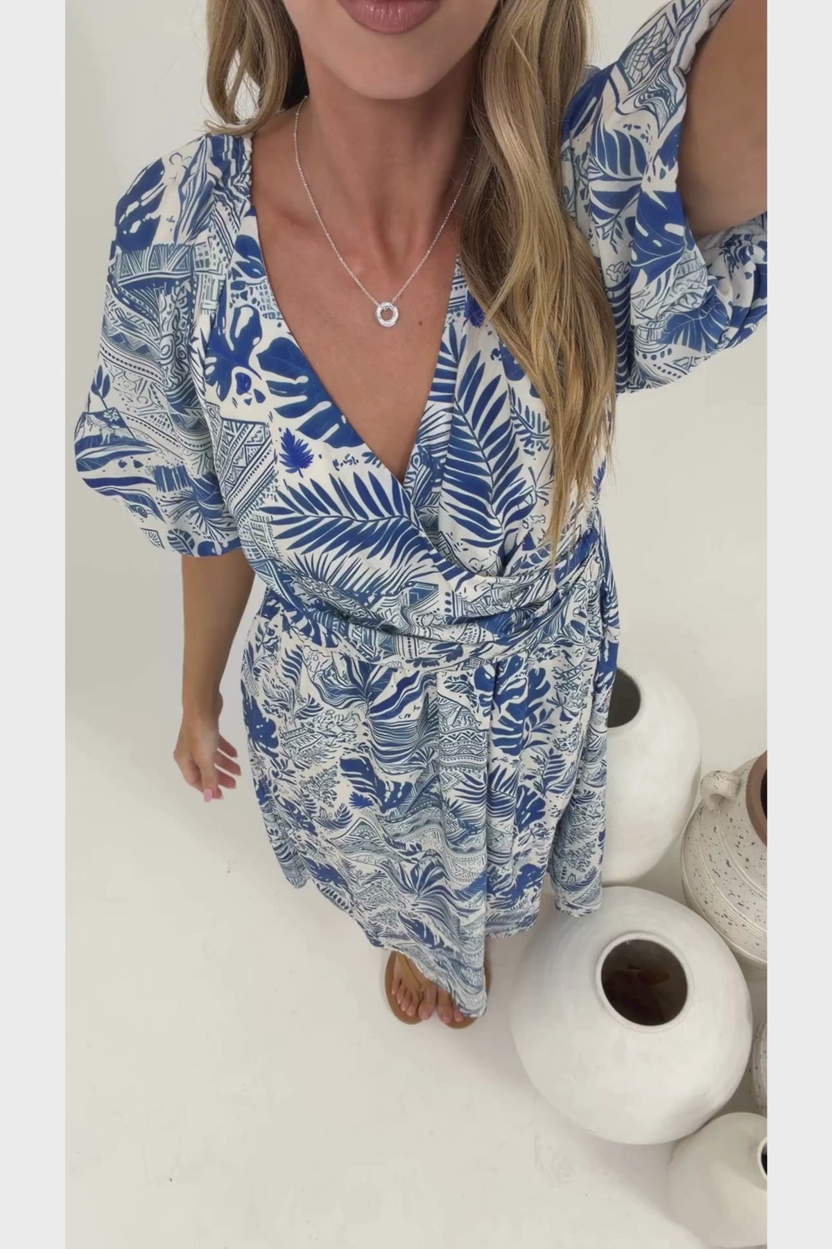 Obsidia Midi Dress - Asymmetric Cross Over Bodice A Line Dress with Short Puff Sleeves in Seychelle Print