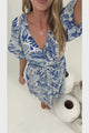 Obsidia Midi Dress - Asymmetric Cross Over Bodice A Line Dress with Short Puff Sleeves in Seychelle Print