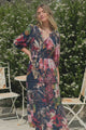 Mondelo Maxi Dress - Pleated Detailed A-Line Dress with 3/4 Balloon Sleeves in Leonor Print Navy