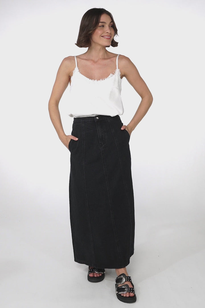 Quinn Denim Maxi Skirt - Elasticated High Waisted Denim Skirt in Black